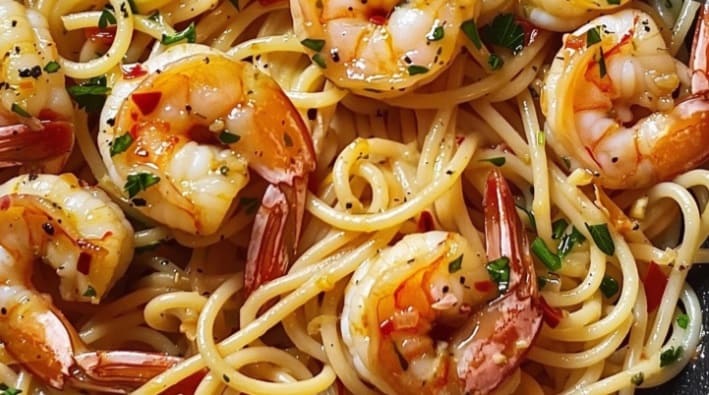 A delicious plate of Garlic Shrimp Pasta with fresh parsley and Parmesan.