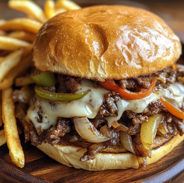 Philly Cheesesteak Sloppy Joes with melted cheese and fries.