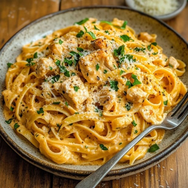 A plate of Cowboy Butter Chicken Pasta with a creamy, buttery sauce.