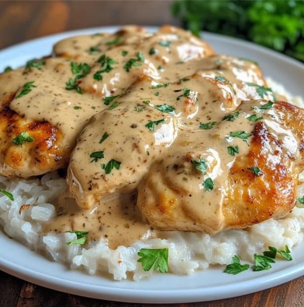 Creamy smothered chicken and rice garnished with parsley.