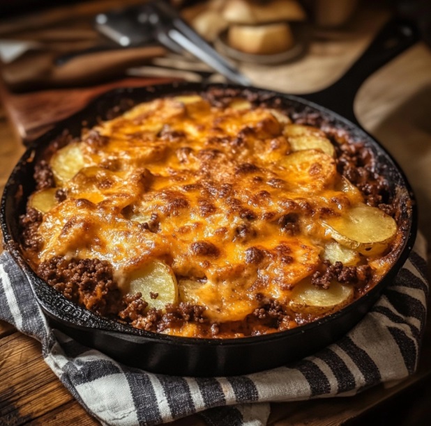 A cheesy hobo casserole with ground beef and potatoes in a rustic skillet, fresh out of the oven.
