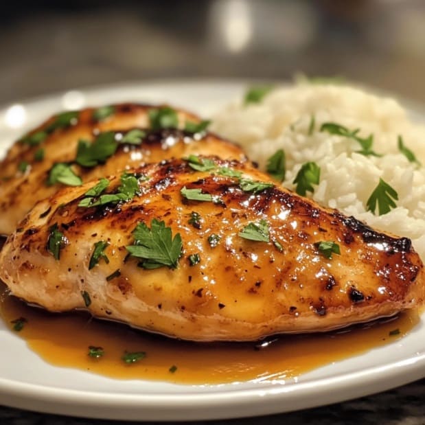 Juicy honey garlic chicken breasts with a golden glaze, served with rice.
