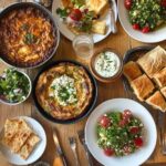 A table filled with the best Greek recipes, including moussaka, souvlaki, and Greek salad.