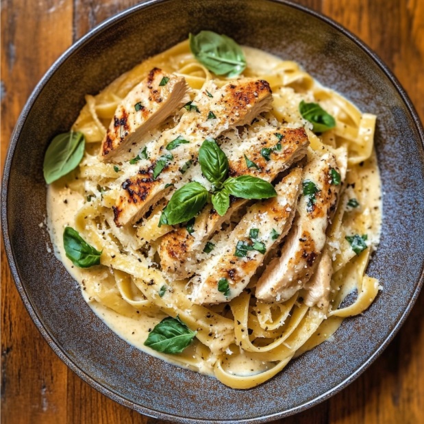 A delicious plate of Marry Me Chicken Pasta with creamy sauce and fresh basil.