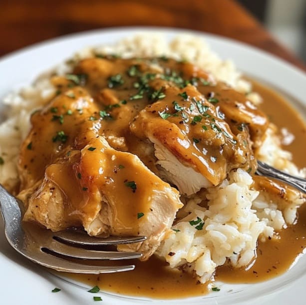 A plate of smothered chicken in gravy served over rice.