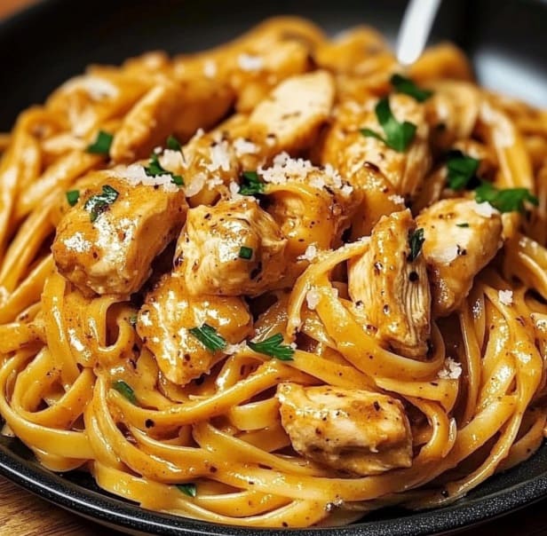 Cowboy Butter Chicken Linguine served on a rustic plate with garnishes.