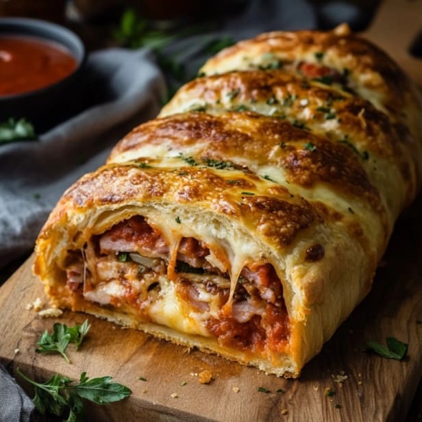 Stromboli ingredients including dough, cheese, and meats.