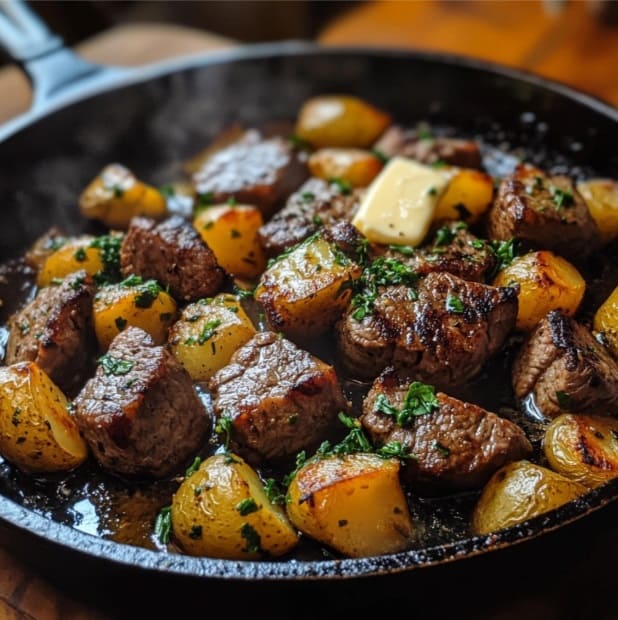 Juicy garlic steak bites and crispy potatoes in a skillet.