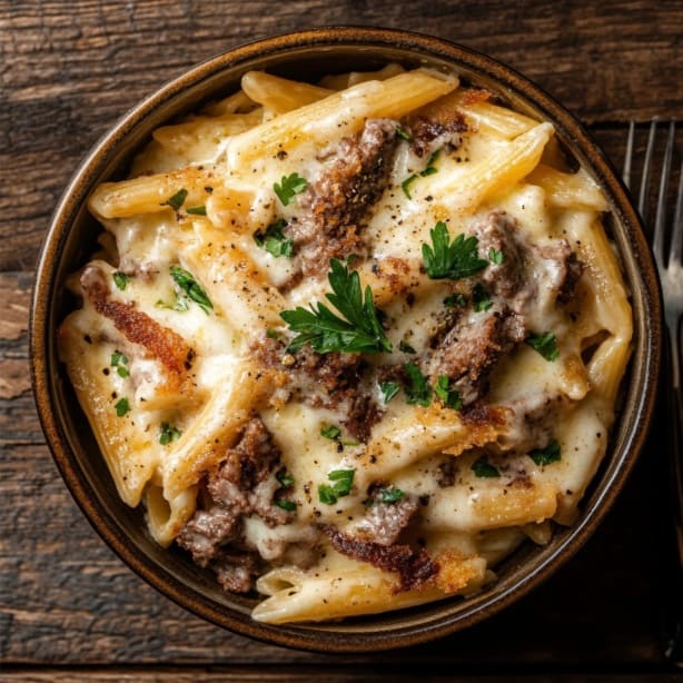 A delicious bowl of creamy crack chicken penne with melted cheese and crispy beef.