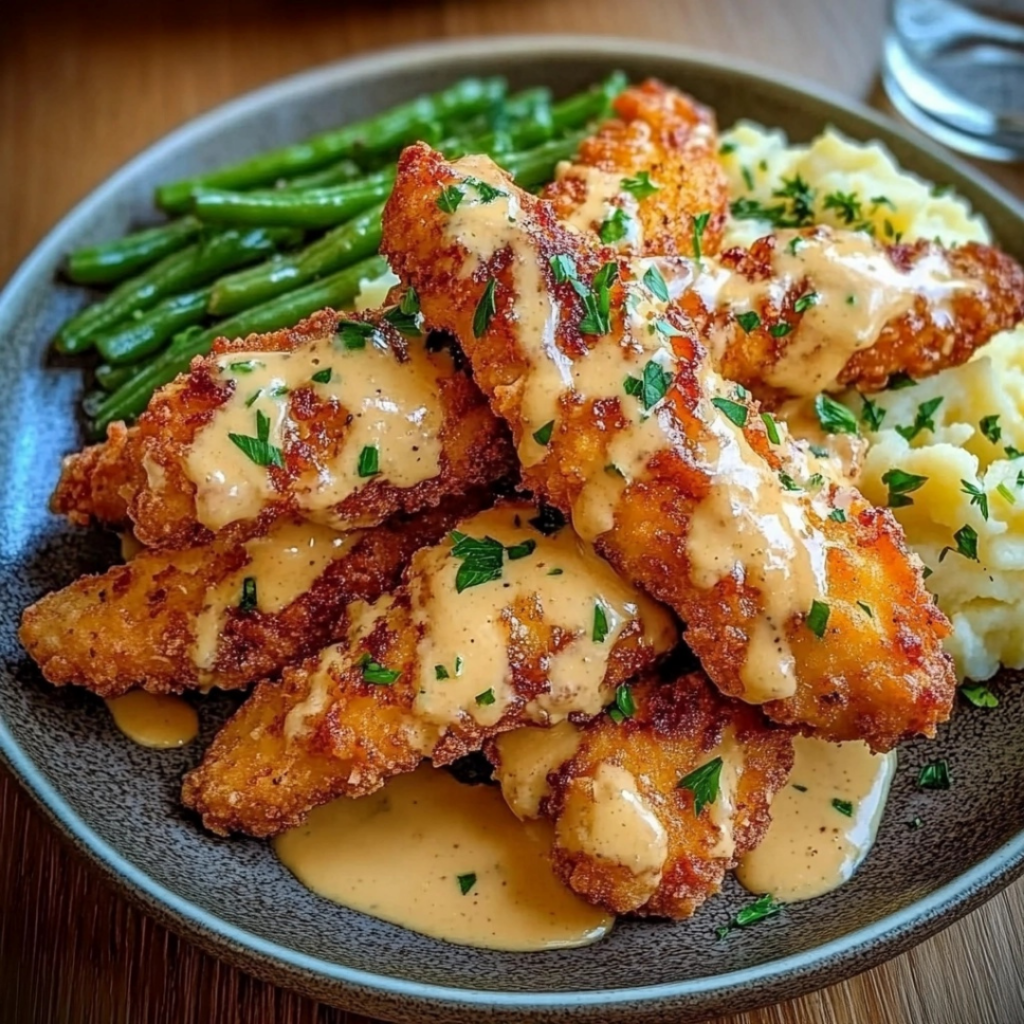Creamy ranch chicken served with mashed potatoes and green beans