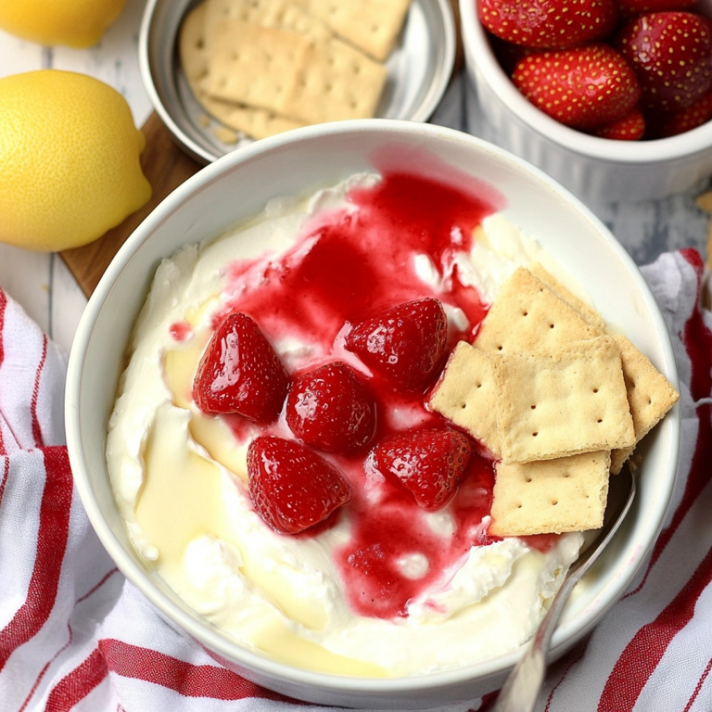 Strawberry cheesecake dip in a glass bowl with fresh strawberries and crackers.