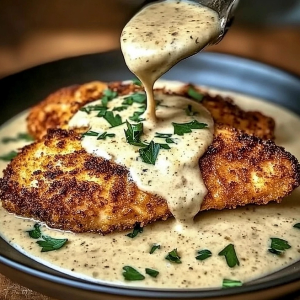 Crispy Parmesan Chicken with creamy garlic sauce on plate