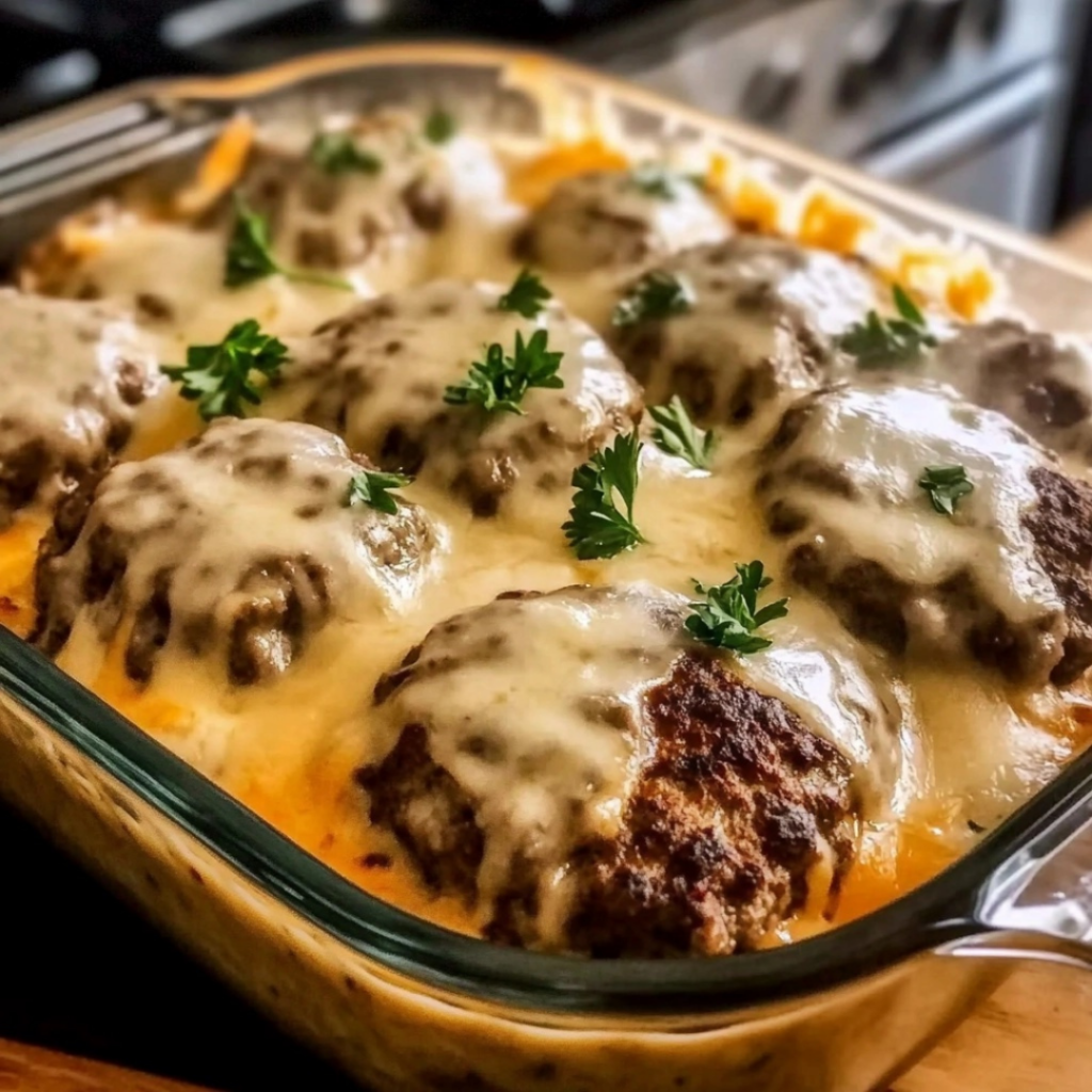 Freshly baked hamburger steak casserole with melted cheese in a rustic kitchen
