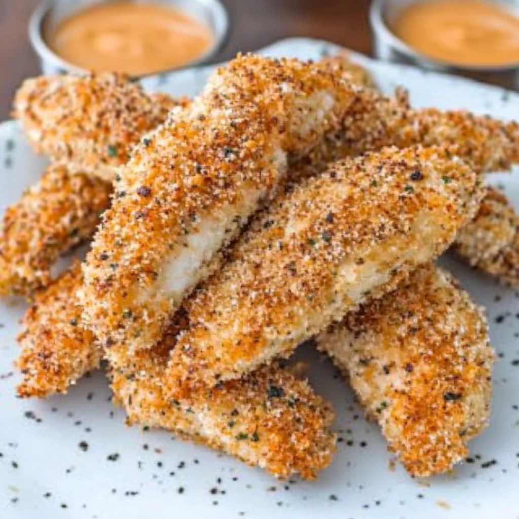 Oven-baked crispy parmesan chicken tenders with dipping sauces