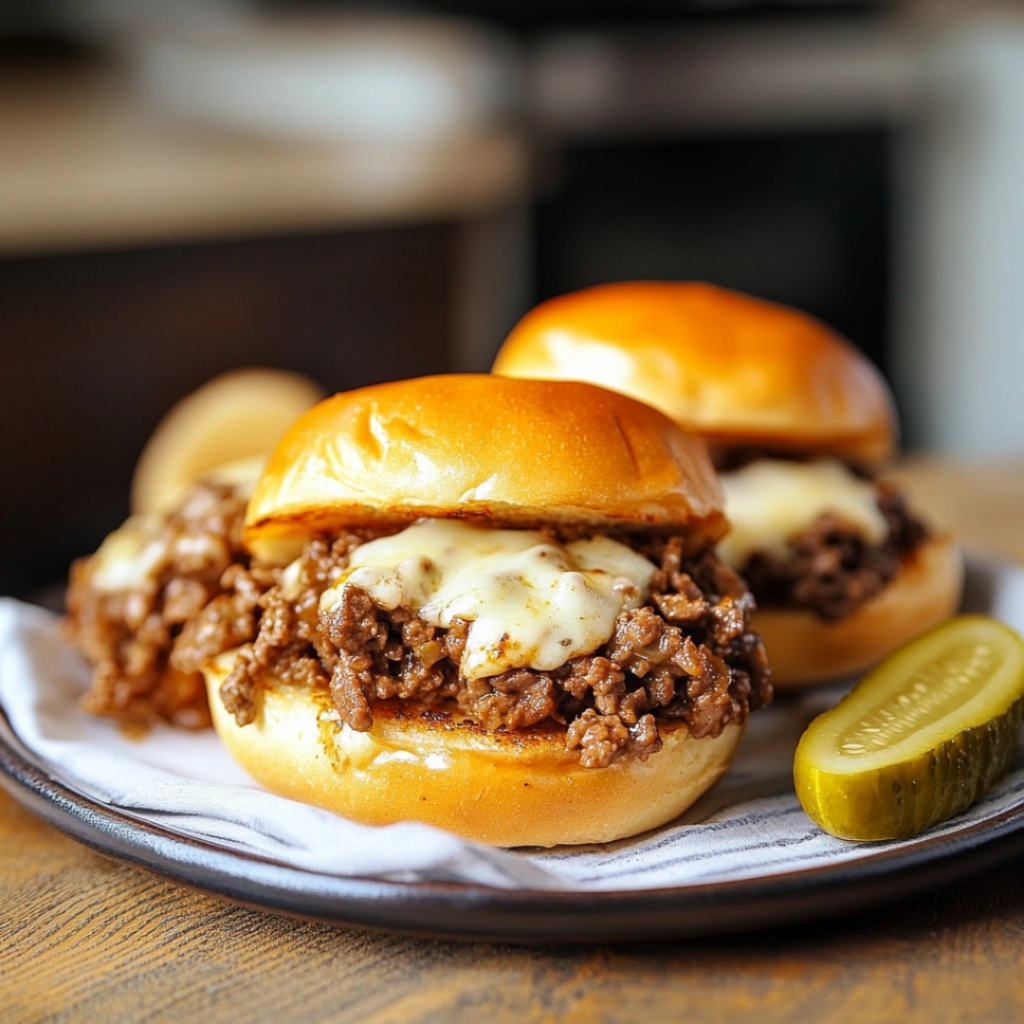 Philly Cheesesteak Sloppy Joes served on toasted brioche buns