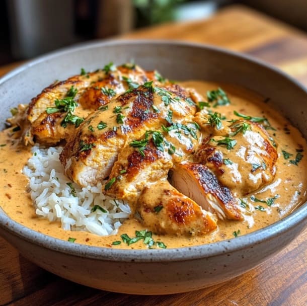 A bowl of creamy smothered chicken and rice with rich sauce and fresh herbs.