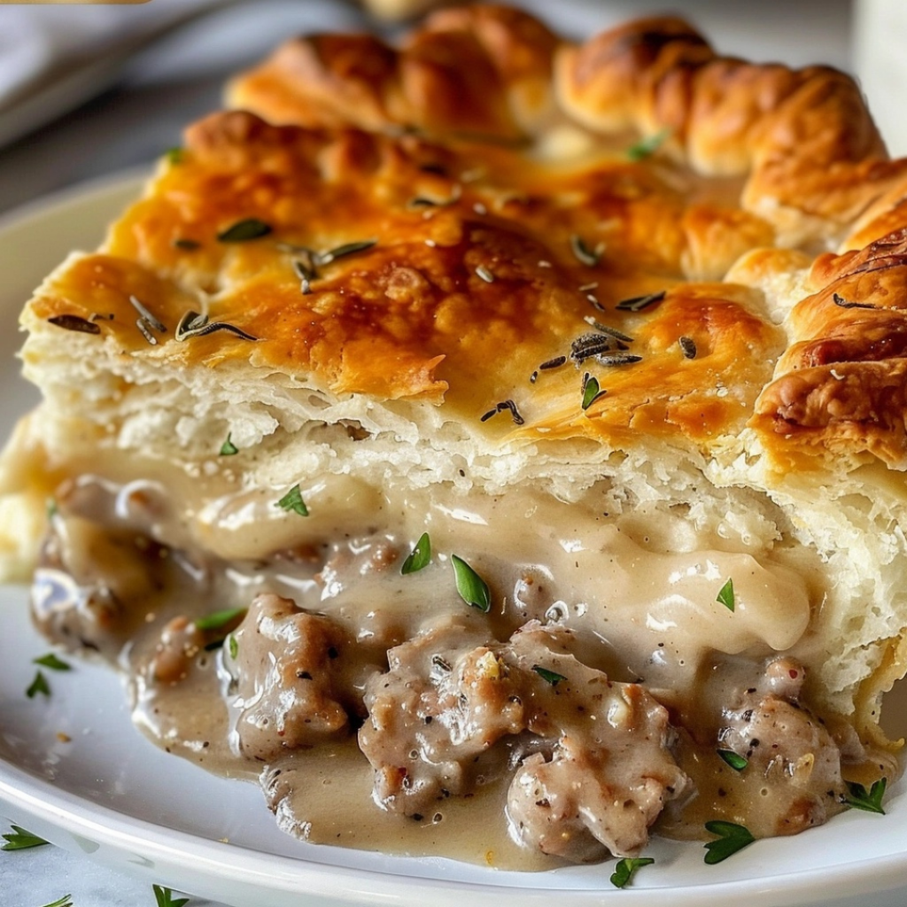A plated serving of sausage gravy biscuit pie