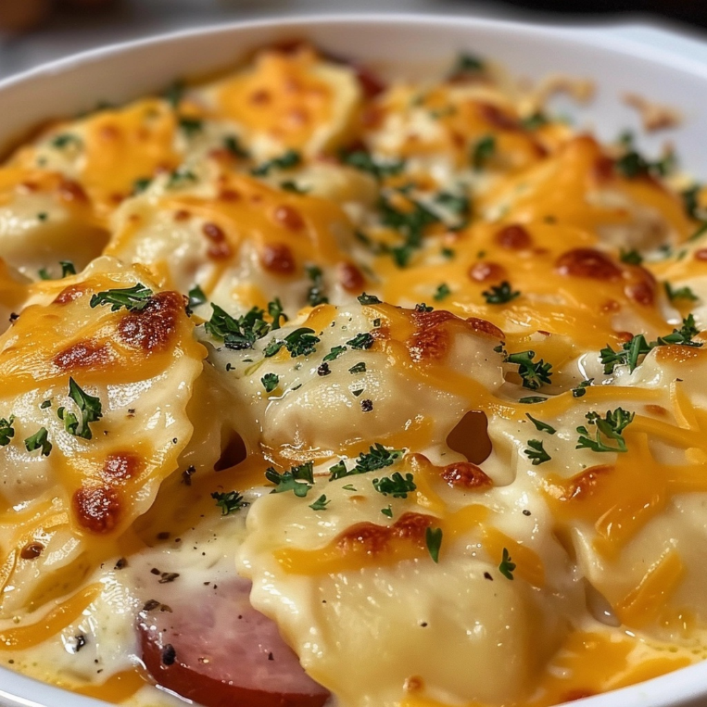 Crockpot simmering with pierogies, kielbasa, and cheddar on the counter