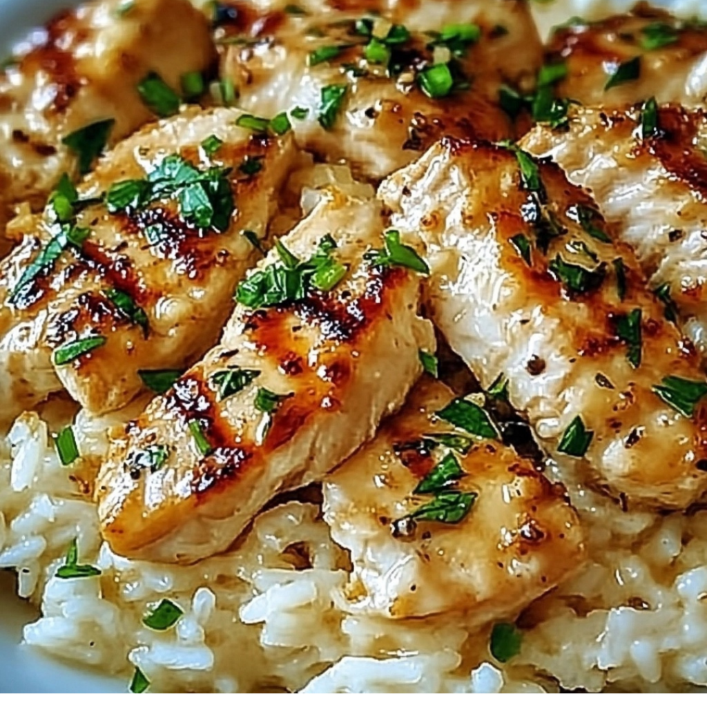 Plated Chicken Scampi With Garlic Parmesan Rice garnished with parsley.