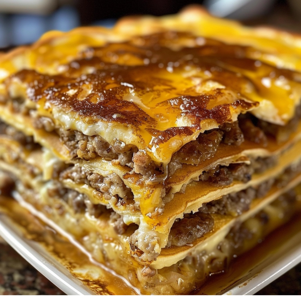 Serving of pancake sausage casserole with syrup