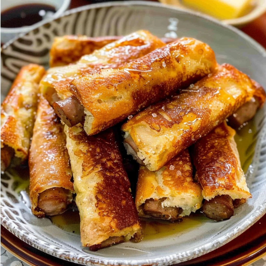 Sausage French toast roll-ups with syrup and fruit