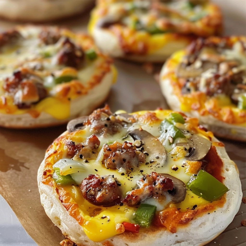 Mom serving English Muffin Breakfast Pizzas to family.
