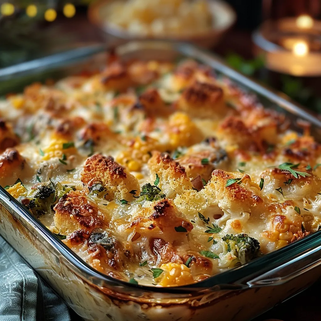 A bubbly, cheesy casserole dish sits on a rustic table setting, surrounded by festive holiday decor.