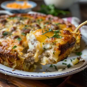 A cheesy sausage, egg, and cream cheese hashbrown casserole in a white baking dish, with a serving being lifted out with a spoon.
