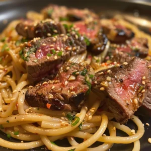 Close-up of sweet and spicy garlic steak pasta.