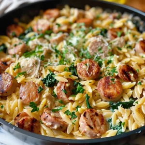 Creamy chicken sausage orzo pasta in a bowl.