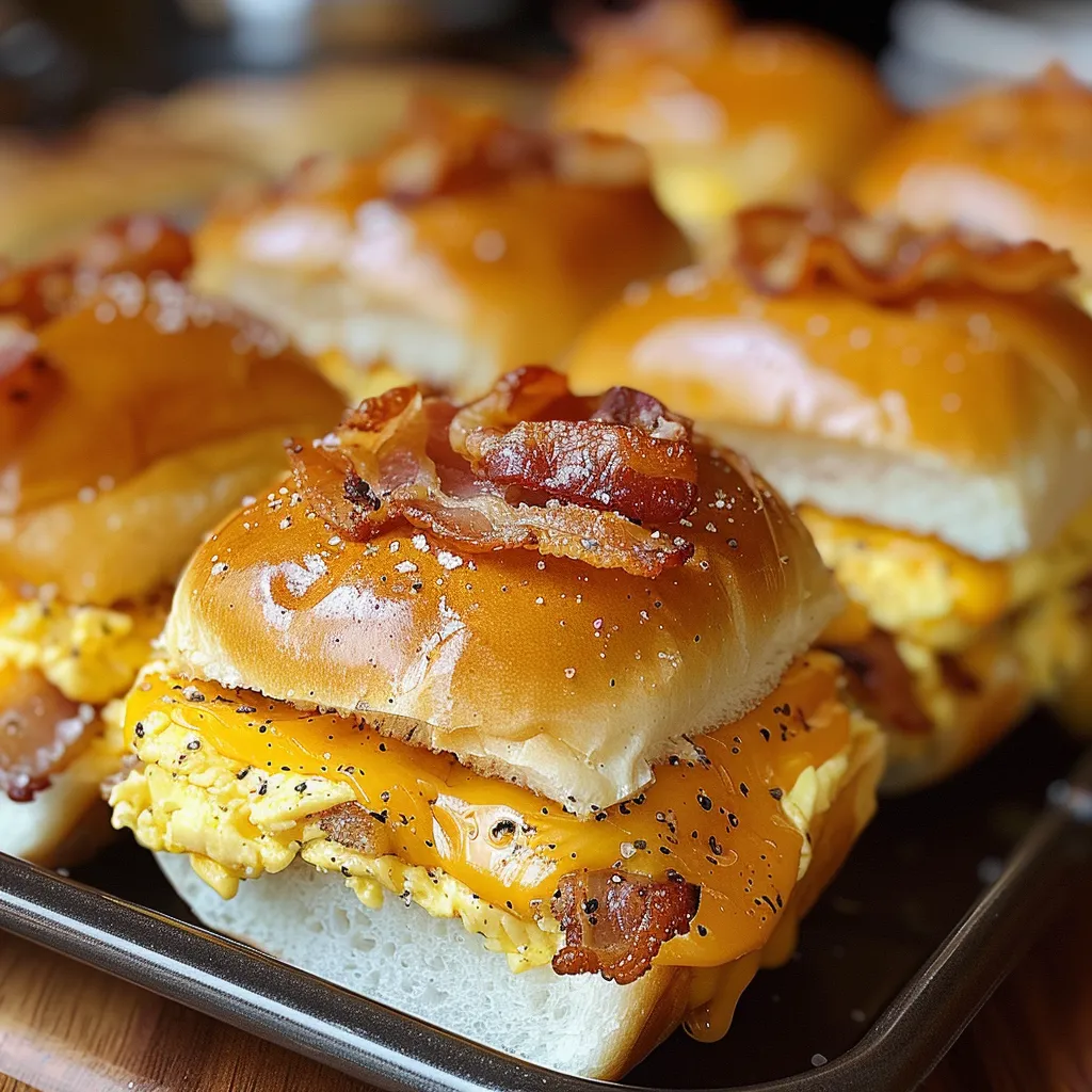 Close-up of several bacon, egg, and cheese sliders on a dark baking sheet.