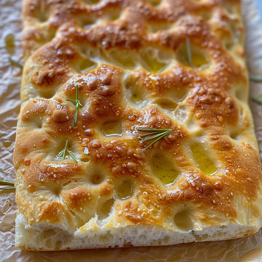 Overhead shot of a golden-brown focaccia bread topped with rosemary sprigs and sea salt.