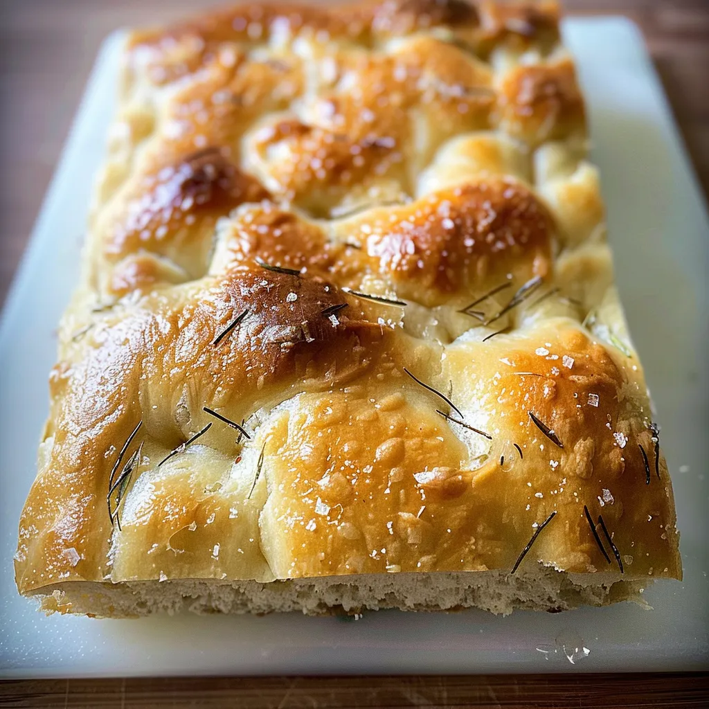 A golden-brown loaf of rosemary focaccia bread, sprinkled with sea salt.