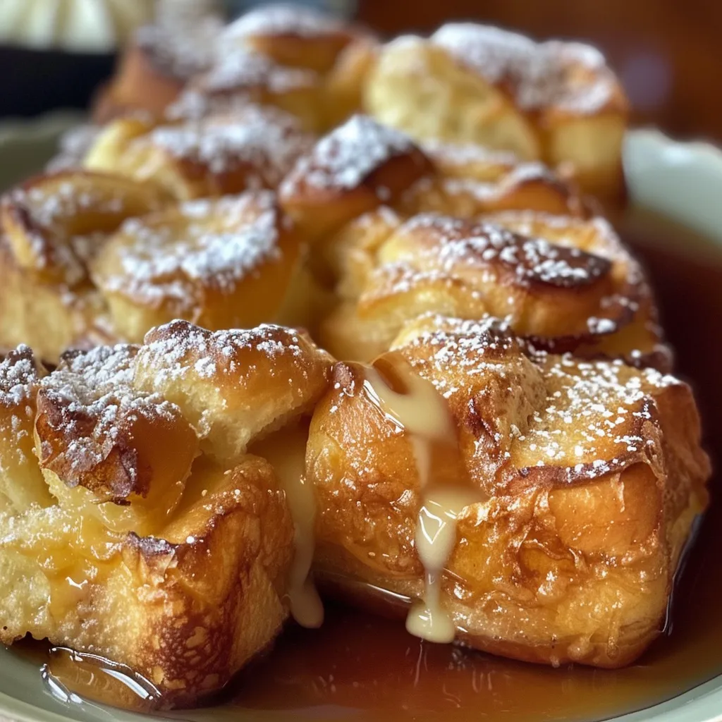 Close-up of a delicious Hawaiian roll French toast bake, drizzled with syrup and dusted with powdered sugar.