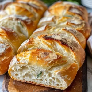 Two golden-brown loaves of crusty Italian bread with fresh basil leaves, resting on a wooden board.