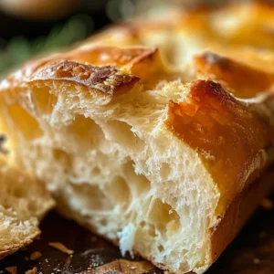 A loaf of crusty homemade bread with a slice removed, showcasing a light and airy crumb.