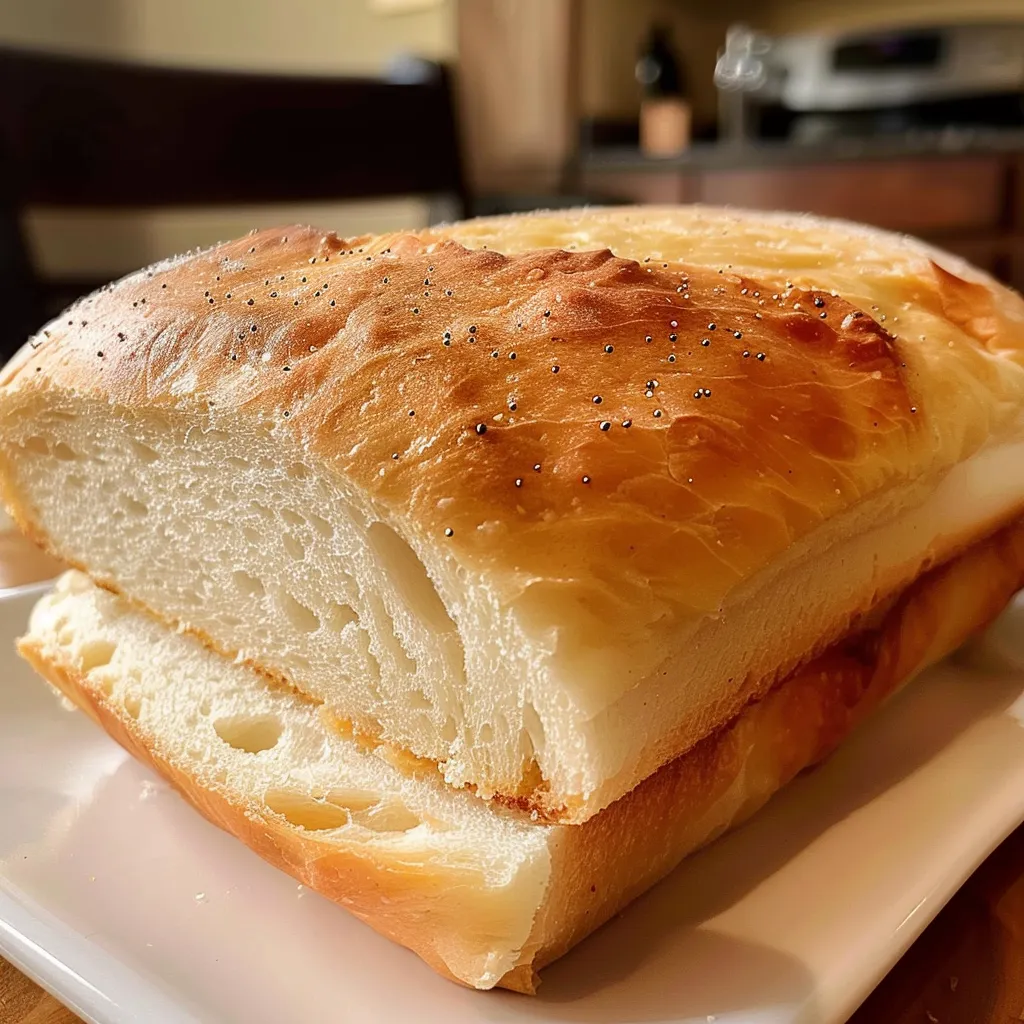 A loaf of homemade sandwich bread sits on a white platter.