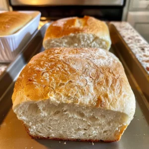Two golden-brown loaves of homemade white bread, freshly baked and resting in their loaf pans.