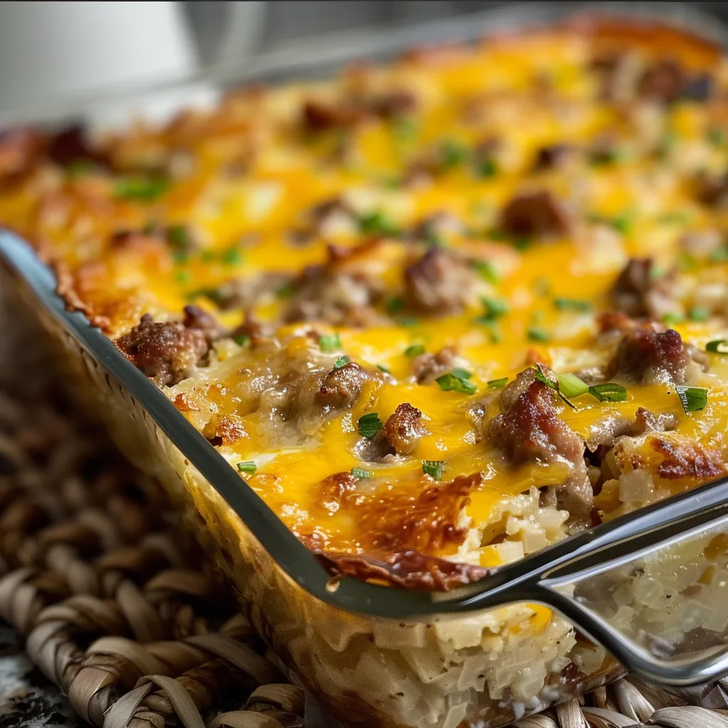A delicious-looking baked sausage and hash brown casserole, topped with melted cheese.