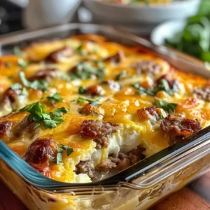 A close-up of a cheesy sausage and egg casserole on a plate.