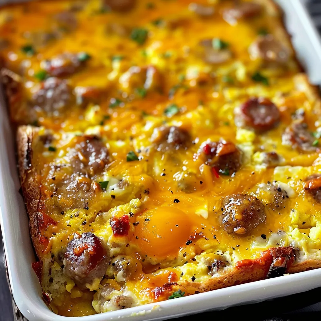 A delicious-looking baked breakfast casserole with sausage, eggs, and cheese.