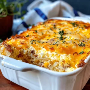 A delicious slice of golden-brown hash brown egg casserole, garnished with fresh parsley, sits on a white plate.