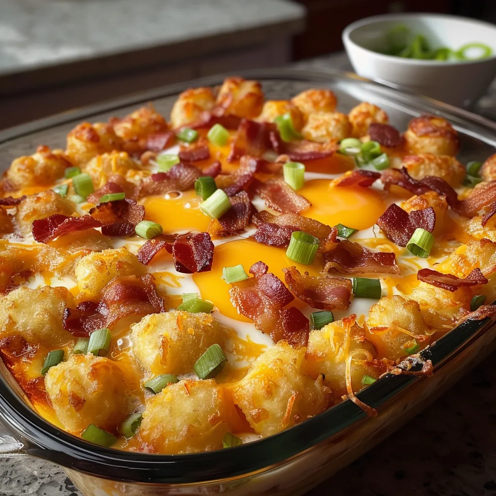 A delicious-looking Bacon, Egg, and Tater Tot Casserole topped with cheese and green onions, served with a cup of coffee.