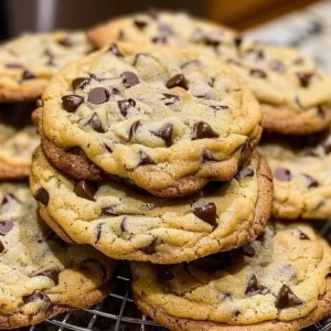 A close-up of a stack of warm, gooey chocolate chip cookies.