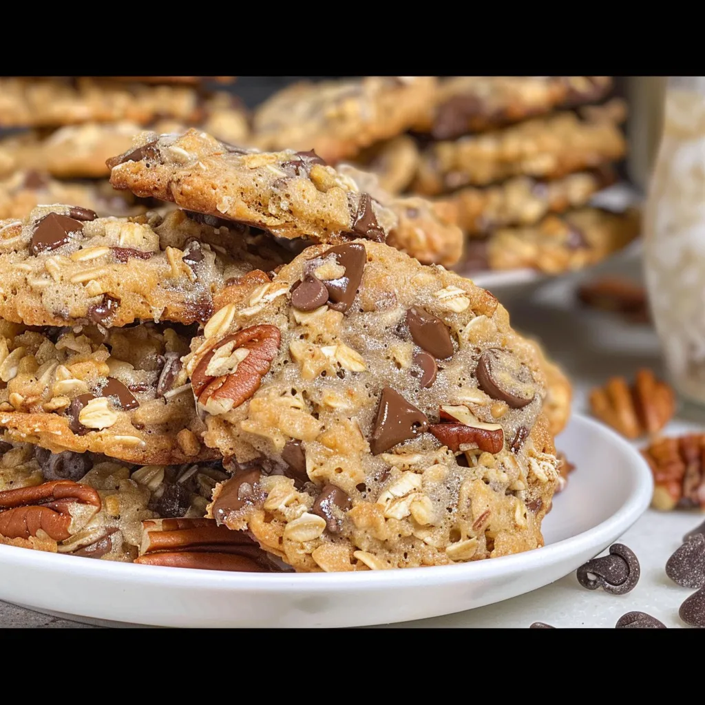 Close-up of two oatmeal chocolate chip pecan cookies stacked on top of each other, with additional cookies and pecans scattered around them, and a glass of milk in the background.