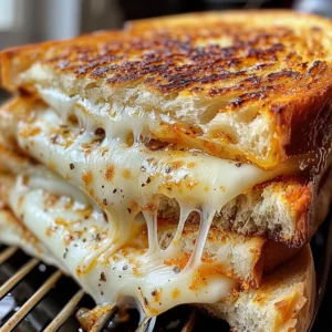 A close-up of a double-decker grilled cheese sandwich with extremely crispy, golden-brown bread and melted cheese.