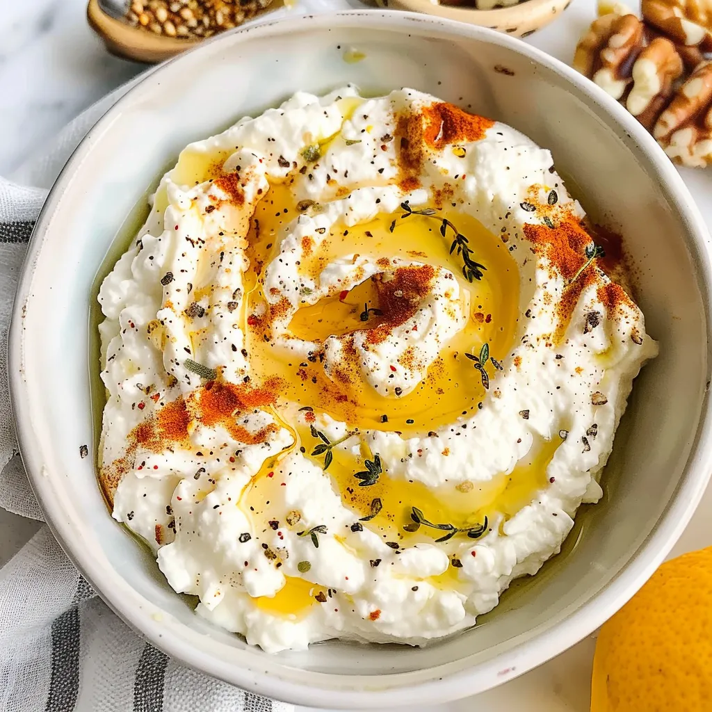Bowl of creamy ricotta dip topped with hot honey, pecans, and herbs.