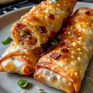 Close-up of three crispy bacon jalapeño popper egg rolls, garnished with green onions.