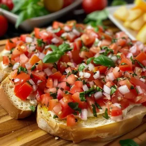 A close-up of a creamy bruschetta dip topped with diced tomatoes, feta cheese, and fresh basil.