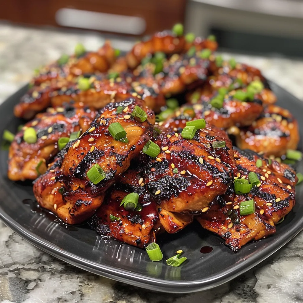 Close-up of delicious char siu chicken, glazed and served with rice and vegetables.